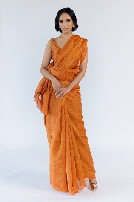 Shop Mimamsaa Brown Tissue Silk Embroidered Aarjavee Hand Crushed Saree at Aza Fashions Shop_Mimamsaa_Brown Tissue Silk Embroidered Aarjavee Hand Crushed Saree _at_Aza_Fashions