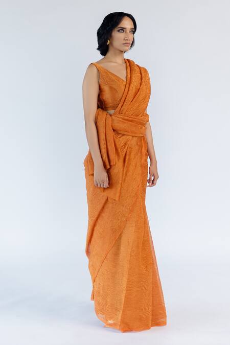 Mimamsaa Brown Tissue Silk Embroidered Aarjavee Hand Crushed Saree Online at Aza Fashions Mimamsaa_Brown Tissue Silk Embroidered Aarjavee Hand Crushed Saree _Online_at_Aza_Fashions