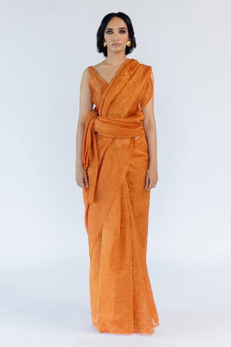 Buy Mimamsaa Brown Tissue Silk Embroidered Aarjavee Hand Crushed Saree Online at Aza Fashions Buy_Mimamsaa_Brown Tissue Silk Embroidered Aarjavee Hand Crushed Saree _Online_at_Aza_Fashions