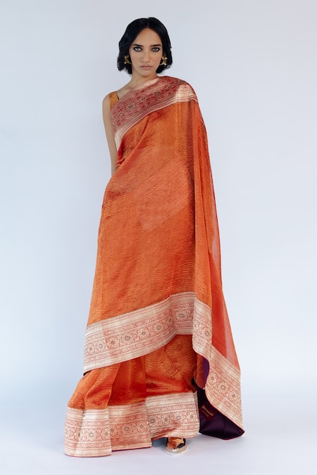 Mimamsaa_Orange Tissue Silk Embroidered Mysha Hand Crushed Saree _Online_at_Aza_Fashions
