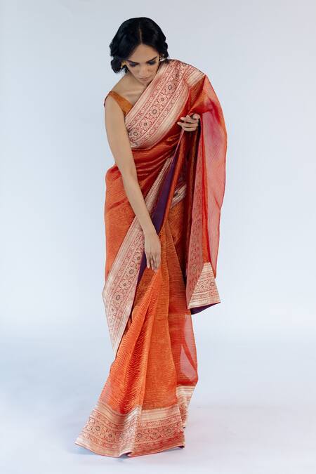 Buy_Mimamsaa_Orange Tissue Silk Embroidered Mysha Hand Crushed Saree _Online_at_Aza_Fashions