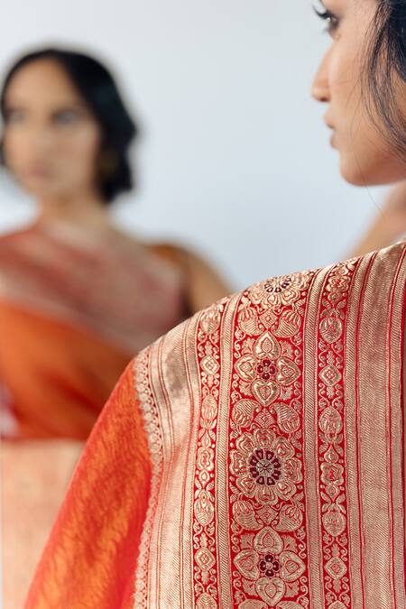 Shop_Mimamsaa_Orange Tissue Silk Embroidered Mysha Hand Crushed Saree _Online_at_Aza_Fashions