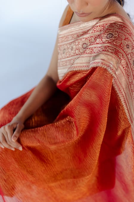 Mimamsaa_Orange Tissue Silk Embroidered Mysha Hand Crushed Saree _at_Aza_Fashions