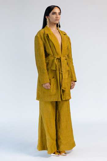 Mimamsaa_Green Tissue Silk Notched Lapel Mira Coat And Pant Set _Online_at_Aza_Fashions