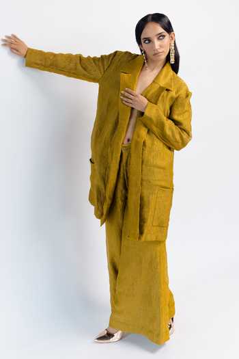Buy_Mimamsaa_Green Tissue Silk Notched Lapel Mira Coat And Pant Set _Online_at_Aza_Fashions