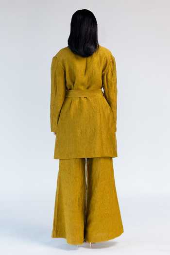 Shop_Mimamsaa_Green Tissue Silk Notched Lapel Mira Coat And Pant Set _Online_at_Aza_Fashions