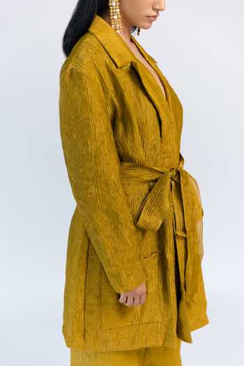 Mimamsaa_Green Tissue Silk Notched Lapel Mira Coat And Pant Set _at_Aza_Fashions