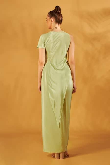 Shop NA-KA Green Crepe Asymmetric Draped Neck Gown at Aza Fashions Shop_NA-KA_Green Crepe Asymmetric Draped Neck Gown _at_Aza_Fashions