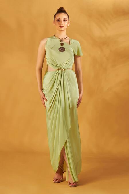 NA-KA Green Crepe Asymmetric Draped Neck Gown Online at Aza Fashions NA-KA_Green Crepe Asymmetric Draped Neck Gown _Online_at_Aza_Fashions
