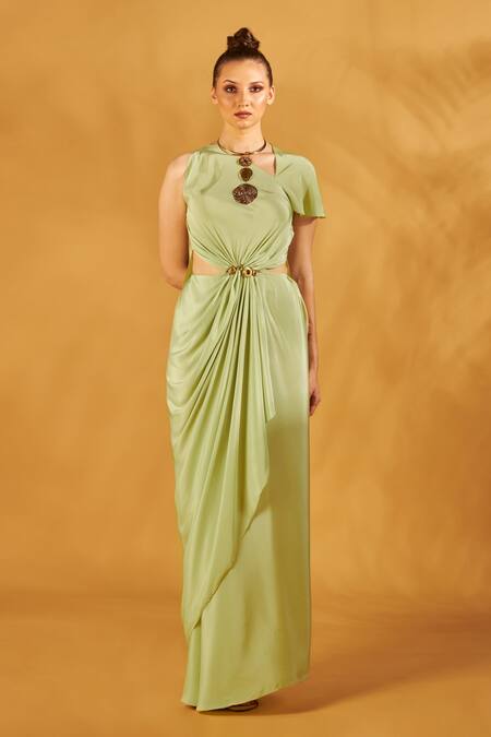 Buy NA-KA Green Crepe Asymmetric Draped Neck Gown Online at Aza Fashions Buy_NA-KA_Green Crepe Asymmetric Draped Neck Gown _Online_at_Aza_Fashions