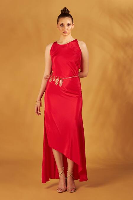 NA-KA Red Crepe Asymmetric Draped Neck Gown Online at Aza Fashions NA-KA_Red Crepe Asymmetric Draped Neck Gown _Online_at_Aza_Fashions