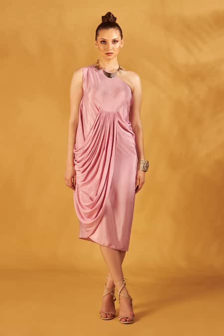 NA-KA_Pink Crepe One Shoulder Draped Dress_Online_at_Aza_Fashions
