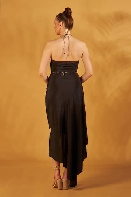 Shop NA-KA Black Crepe Halter Neck Draped Dress at Aza Fashions Shop_NA-KA_Black Crepe Halter Neck Draped Dress _at_Aza_Fashions