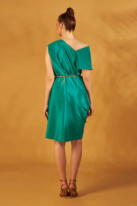 Shop NA-KA Green Crepe Asymmetric Draped Neck Dress at Aza Fashions Shop_NA-KA_Green Crepe Asymmetric Draped Neck Dress _at_Aza_Fashions
