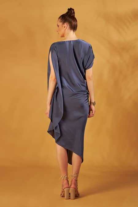 Shop NA-KA Blue Satin Silk V Neck Draped Dress at Aza Fashions Shop_NA-KA_Blue Satin Silk V Neck Draped Dress _at_Aza_Fashions