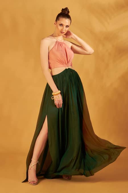 NA-KA_Peach Crepe Halter Neck Color Block Draped Gown _Online_at_Aza_Fashions