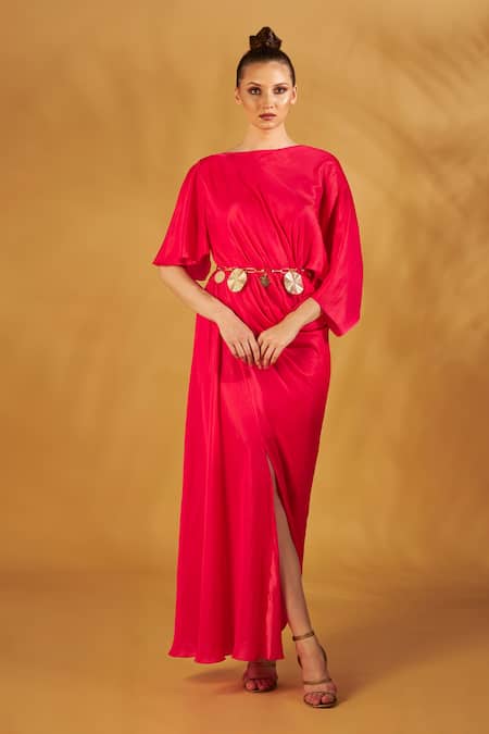 NA-KA_Coral Satin Silk Boat Neck Draped Gown _Online_at_Aza_Fashions