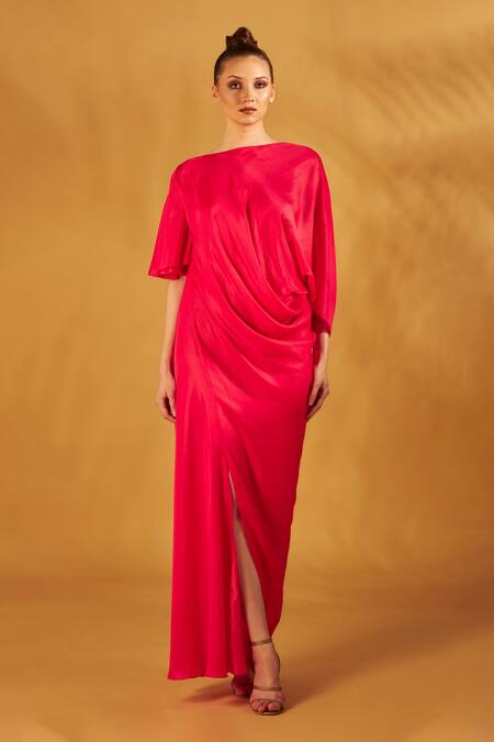 Buy_NA-KA_Coral Satin Silk Boat Neck Draped Gown _Online_at_Aza_Fashions