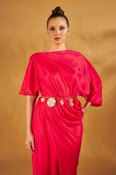 Shop_NA-KA_Coral Satin Silk Boat Neck Draped Gown _Online_at_Aza_Fashions