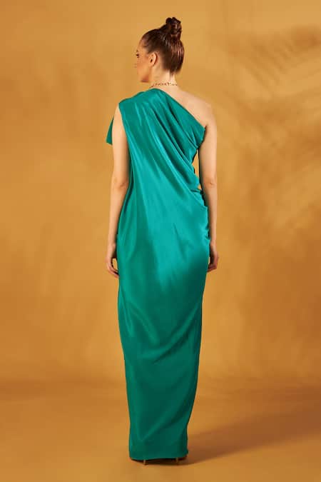 Shop NA-KA Green Crepe One Shoulder Draped Gown at Aza Fashions Shop_NA-KA_Green Crepe One Shoulder Draped Gown _at_Aza_Fashions