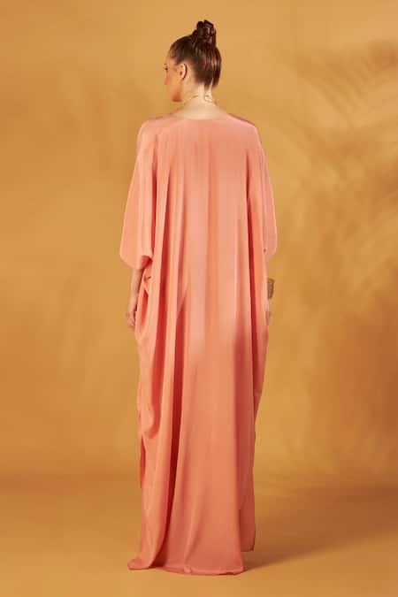Shop NA-KA Peach Crepe V Neck Draped Kaftan Gown at Aza Fashions Shop_NA-KA_Peach Crepe V Neck Draped Kaftan Gown _at_Aza_Fashions