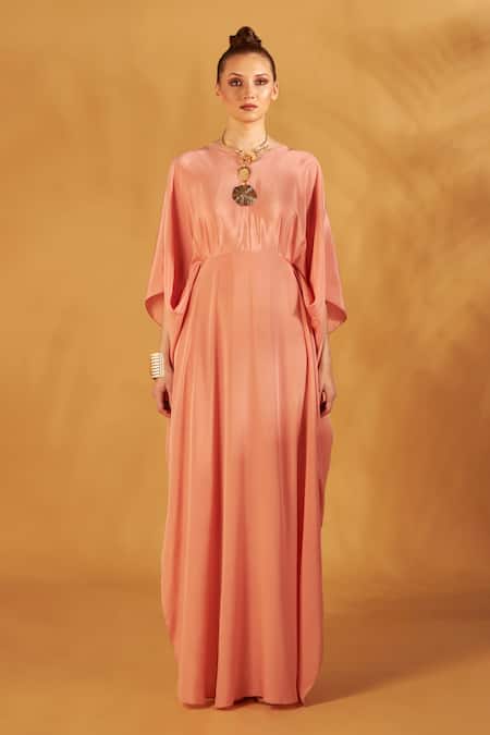 NA-KA Peach Crepe V Neck Draped Kaftan Gown Online at Aza Fashions NA-KA_Peach Crepe V Neck Draped Kaftan Gown _Online_at_Aza_Fashions