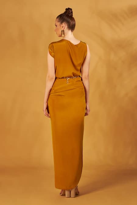 Shop NA-KA Yellow Crepe Boat Neck Draped Gown at Aza Fashions Shop_NA-KA_Yellow Crepe Boat Neck Draped Gown_at_Aza_Fashions