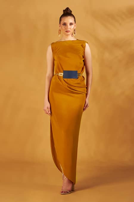 NA-KA Yellow Crepe Boat Neck Draped Gown Online at Aza Fashions NA-KA_Yellow Crepe Boat Neck Draped Gown_Online_at_Aza_Fashions