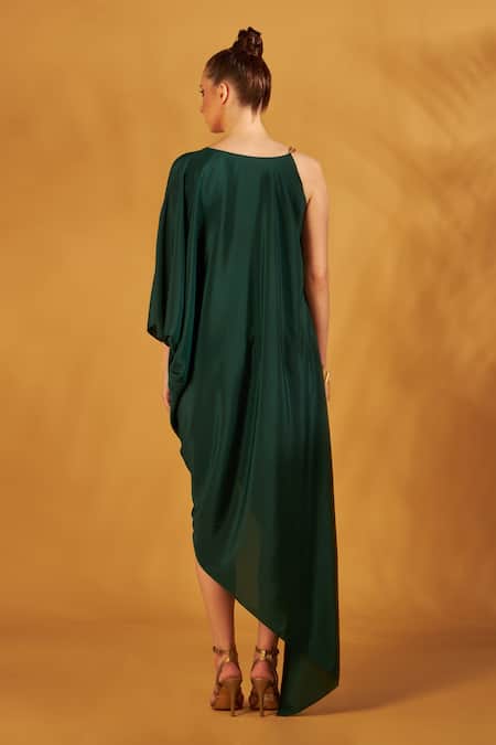 Shop NA-KA Green Crepe Draped Neck Cowl Dress at Aza Fashions Shop_NA-KA_Green Crepe Draped Neck Cowl Dress _at_Aza_Fashions