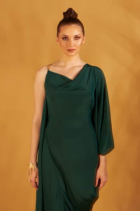 Buy NA-KA Green Crepe Draped Neck Cowl Dress Online at Aza Fashions Buy_NA-KA_Green Crepe Draped Neck Cowl Dress _Online_at_Aza_Fashions