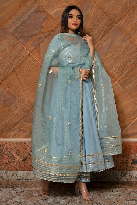 POMCHA JAIPUR Blue Anarkali Embroidery Gota Notched Embellished Set