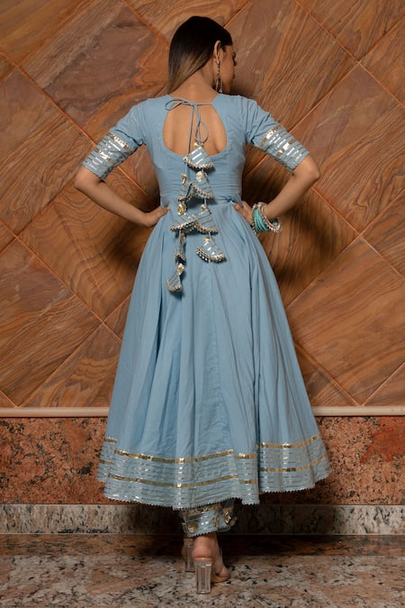 Shop_Pomcha Jaipur_Blue Anarkali, Dupatta Organza, Pant Cotton Silk Gota Notched Embellished Set _at_Aza_Fashions