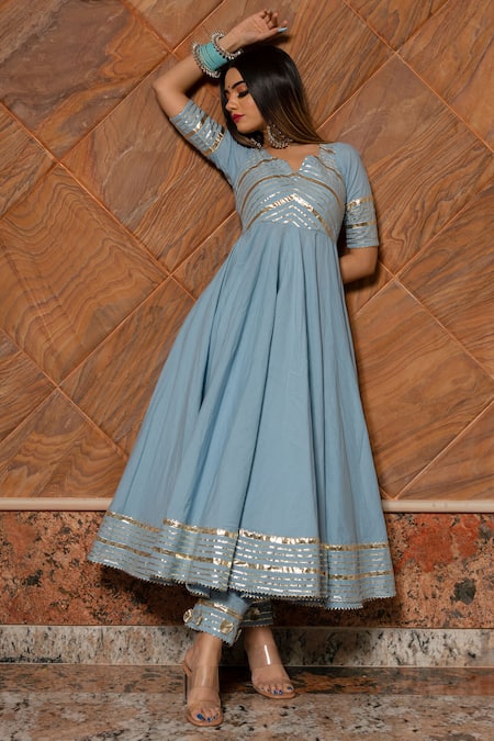 Pomcha Jaipur_Blue Anarkali, Dupatta Organza, Pant Cotton Silk Gota Notched Embellished Set _Online_at_Aza_Fashions