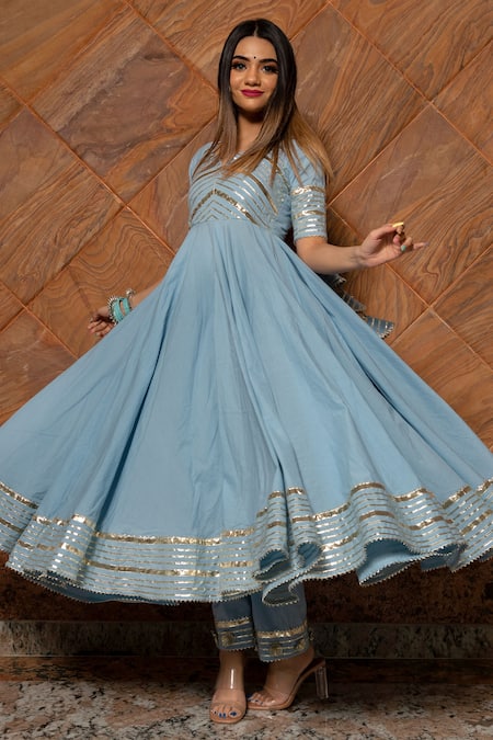 Buy_Pomcha Jaipur_Blue Anarkali, Dupatta Organza, Pant Cotton Silk Gota Notched Embellished Set _Online_at_Aza_Fashions