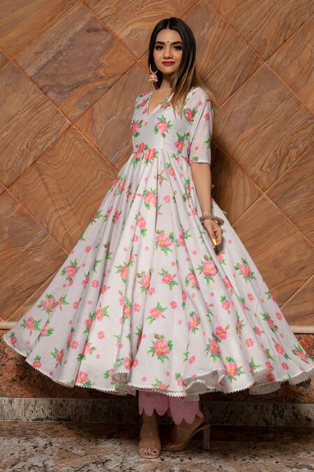 Buy_Pomcha Jaipur_Grey Floral V Neck Print Anarkali Set _Online_at_Aza_Fashions