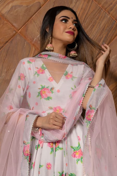 Shop_Pomcha Jaipur_Grey Floral V Neck Print Anarkali Set _Online_at_Aza_Fashions