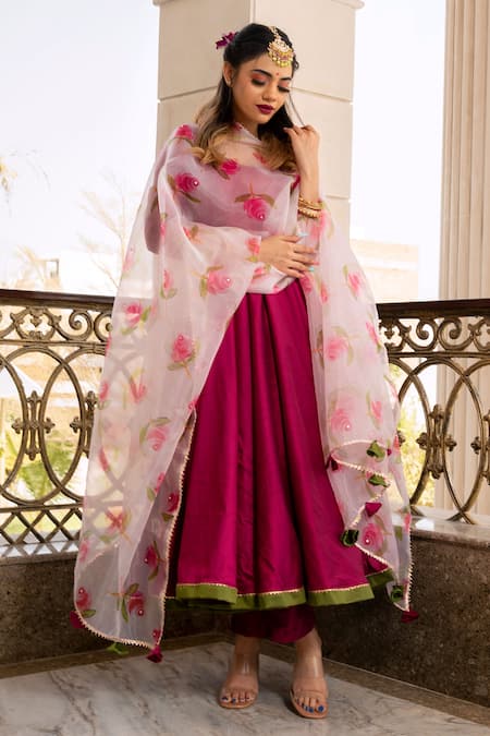 Pomcha Jaipur_Magenta Gota, Stone Round Cotton Silk Anarkali Set _Online_at_Aza_Fashions
