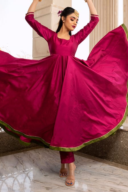 Buy_Pomcha Jaipur_Magenta Gota, Stone Round Cotton Silk Anarkali Set _Online_at_Aza_Fashions