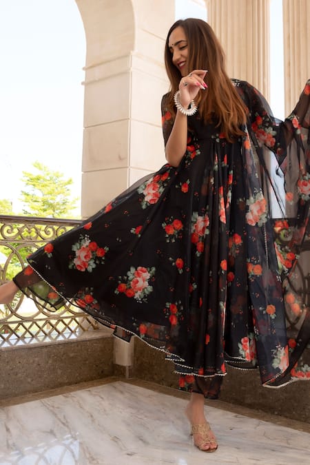 Pomcha Jaipur_Black Anarkali  Organza, Pant Cotton Floral Notched Print Set _Online_at_Aza_Fashions
