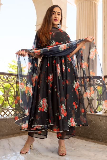 Buy_Pomcha Jaipur_Black Anarkali  Organza, Pant Cotton Floral Notched Print Set _Online_at_Aza_Fashions