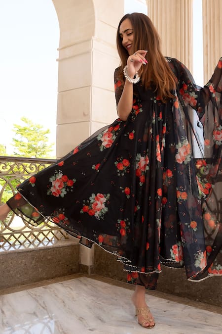 Shop_Pomcha Jaipur_Black Anarkali  Organza, Pant Cotton Floral Notched Print Set _Online_at_Aza_Fashions
