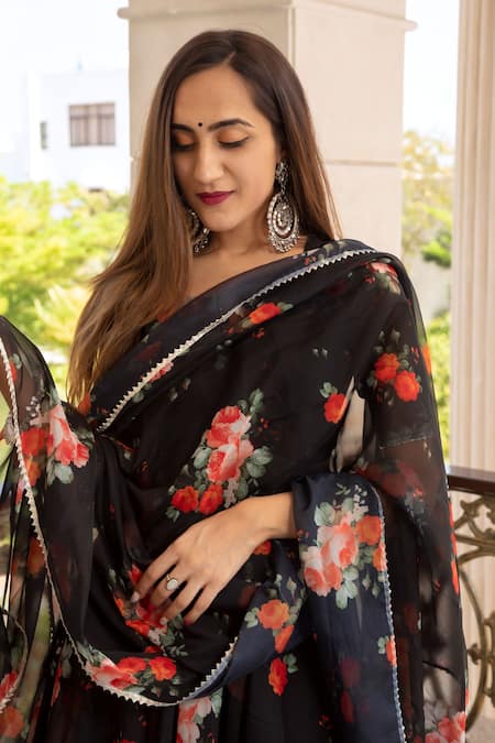 Pomcha Jaipur_Black Anarkali  Organza, Pant Cotton Floral Notched Print Set _at_Aza_Fashions