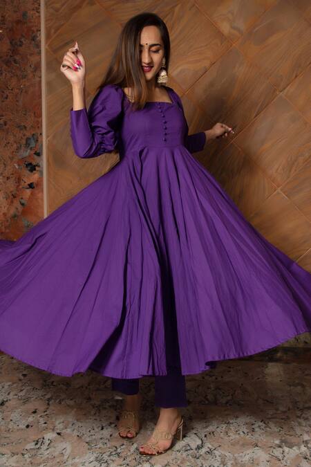 Pomcha Jaipur_Purple Anarkali, Dupatta Organza, Pant Cotton Plain Square Neck Set_Online_at_Aza_Fashions