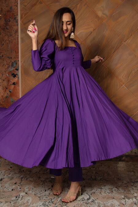 Buy_Pomcha Jaipur_Purple Anarkali, Dupatta Organza, Pant Cotton Plain Square Neck Set_Online_at_Aza_Fashions