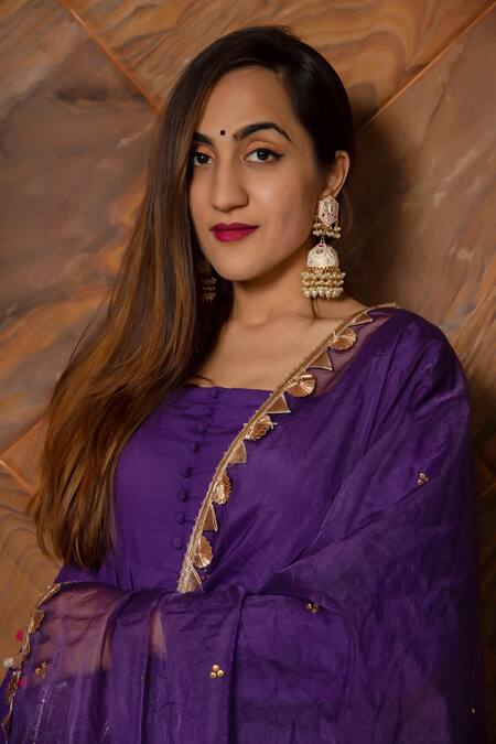 Shop_Pomcha Jaipur_Purple Anarkali, Dupatta Organza, Pant Cotton Plain Square Neck Set_Online_at_Aza_Fashions