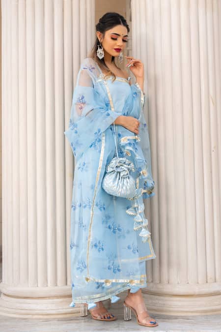 Pomcha Jaipur_Blue Anarkali, Dupatta Organza, Pant Cotton Silk Gota, Stone Straight Set _Online_at_Aza_Fashions