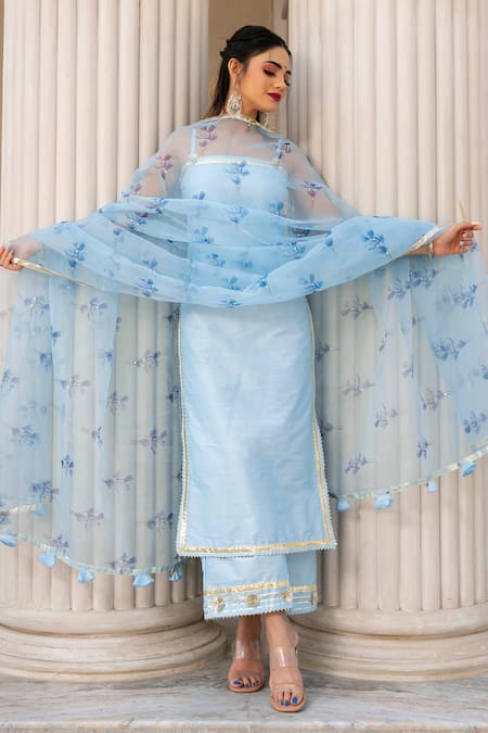 Buy_Pomcha Jaipur_Blue Anarkali, Dupatta Organza, Pant Cotton Silk Gota, Stone Straight Set _Online_at_Aza_Fashions