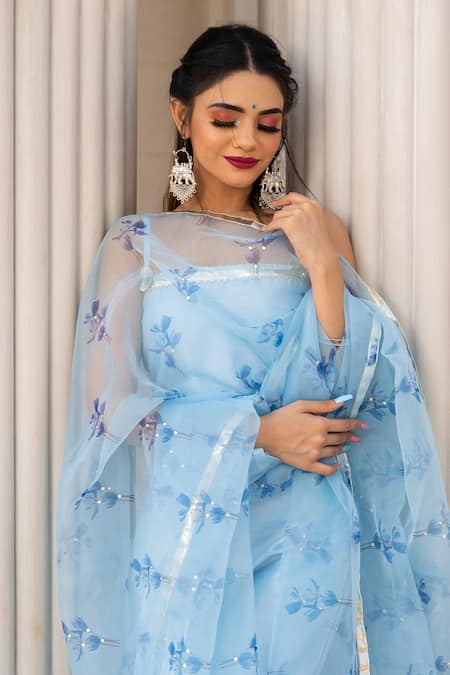 Shop_Pomcha Jaipur_Blue Anarkali, Dupatta Organza, Pant Cotton Silk Gota, Stone Straight Set _Online_at_Aza_Fashions