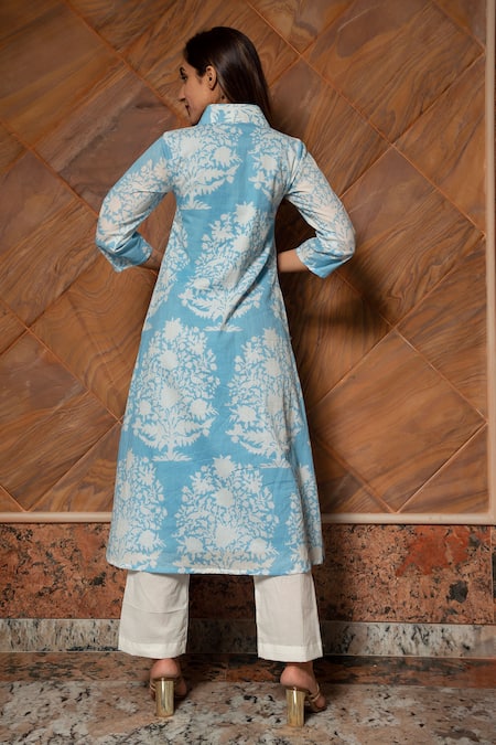 Women Floral Printed Long Kurti With Cotton Leggings Set - Blue 