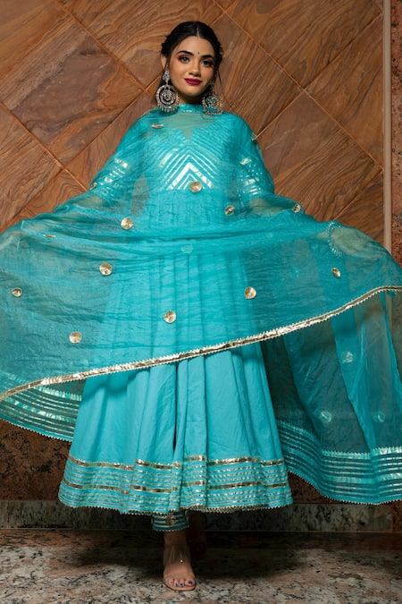 Pomcha Jaipur Blue Anarkali, Dupatta Organza, Pant Pure Cotton Gota Notched Embellished Set Online at Aza Fashions Pomcha Jaipur_Blue Anarkali, Dupatta Organza, Pant Pure Cotton Gota Notched Embellished Set _Online_at_Aza_Fashions